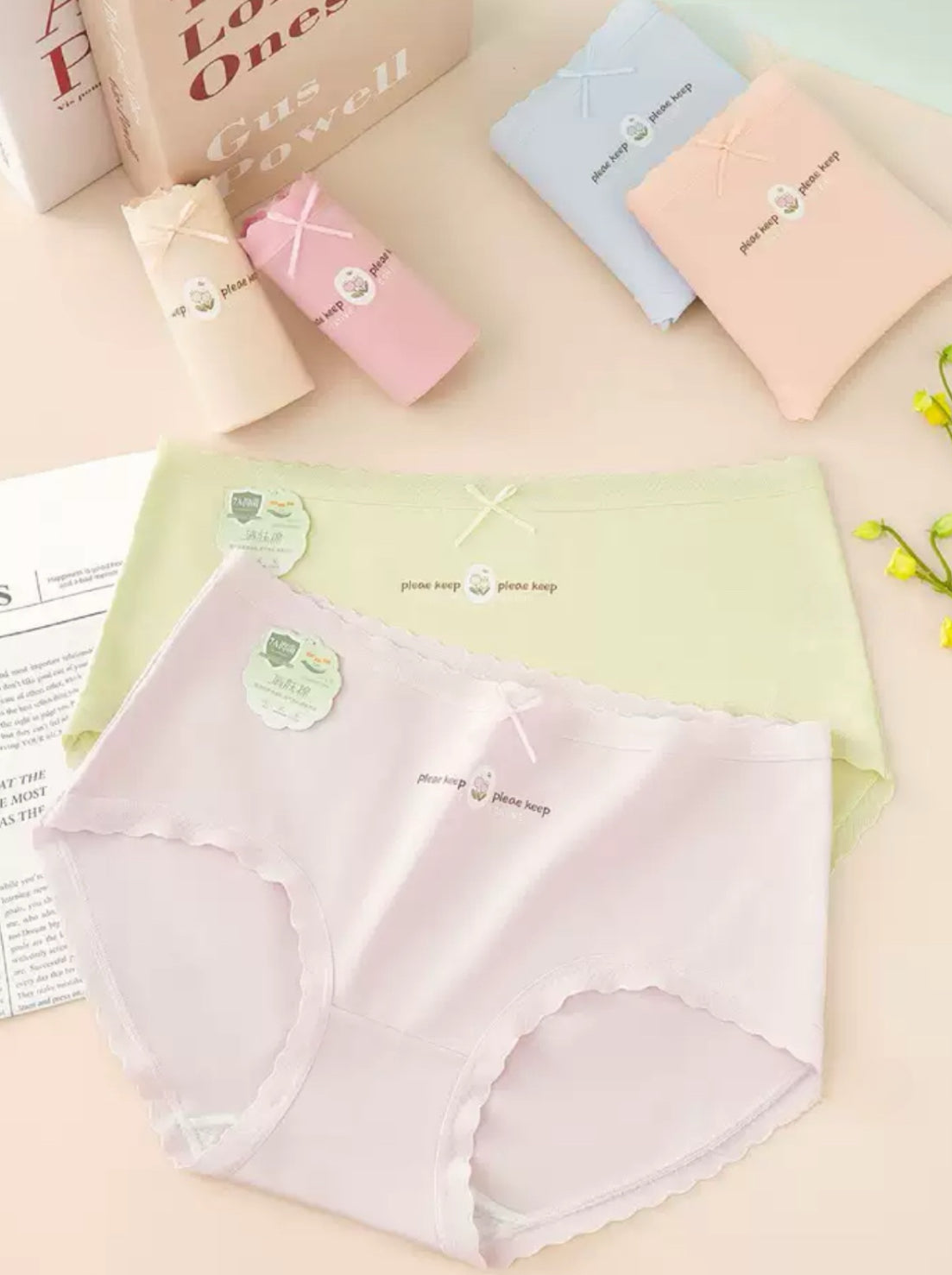 Texlina Women’s Seamless Cotton Briefs with “Please Keep” Print & Bow – Everyday Pastel Collection( 12 PCS/Pack)