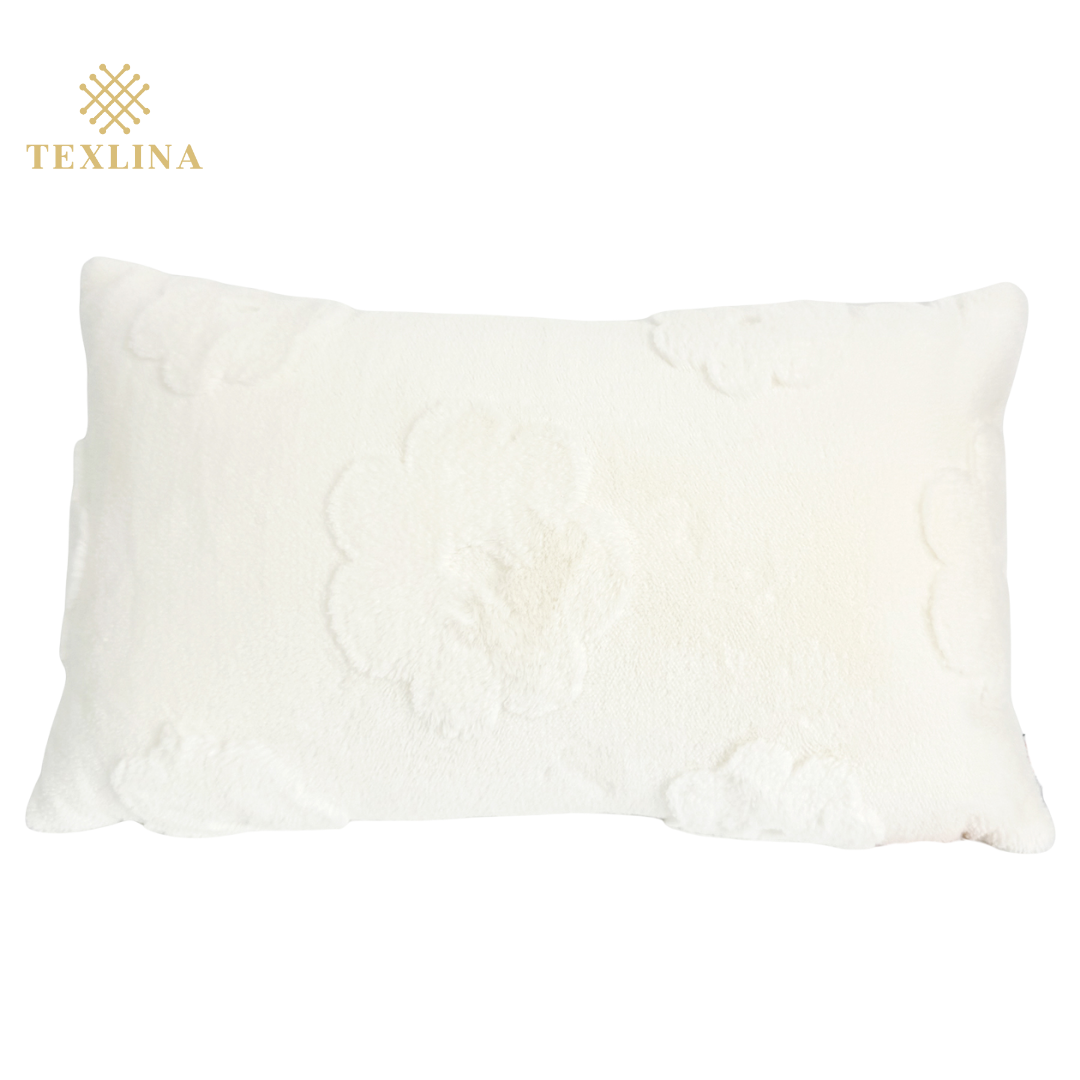 Fluffery Floral Embroidered Throw Pillow, White (12" x 20" / 30 x 50 cm)
