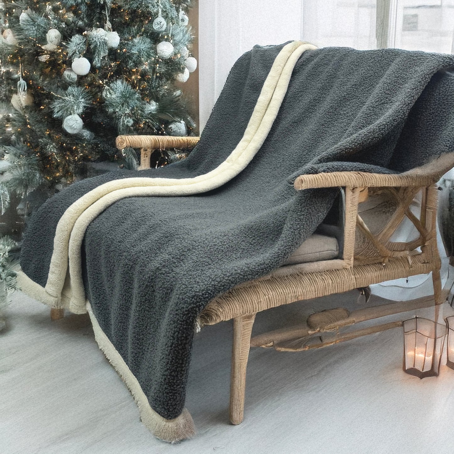 Fluffery Teddy Curly Throw Blanket, Bluish Grey, Queen Size (60" x 80" / 150 x 200 cm)