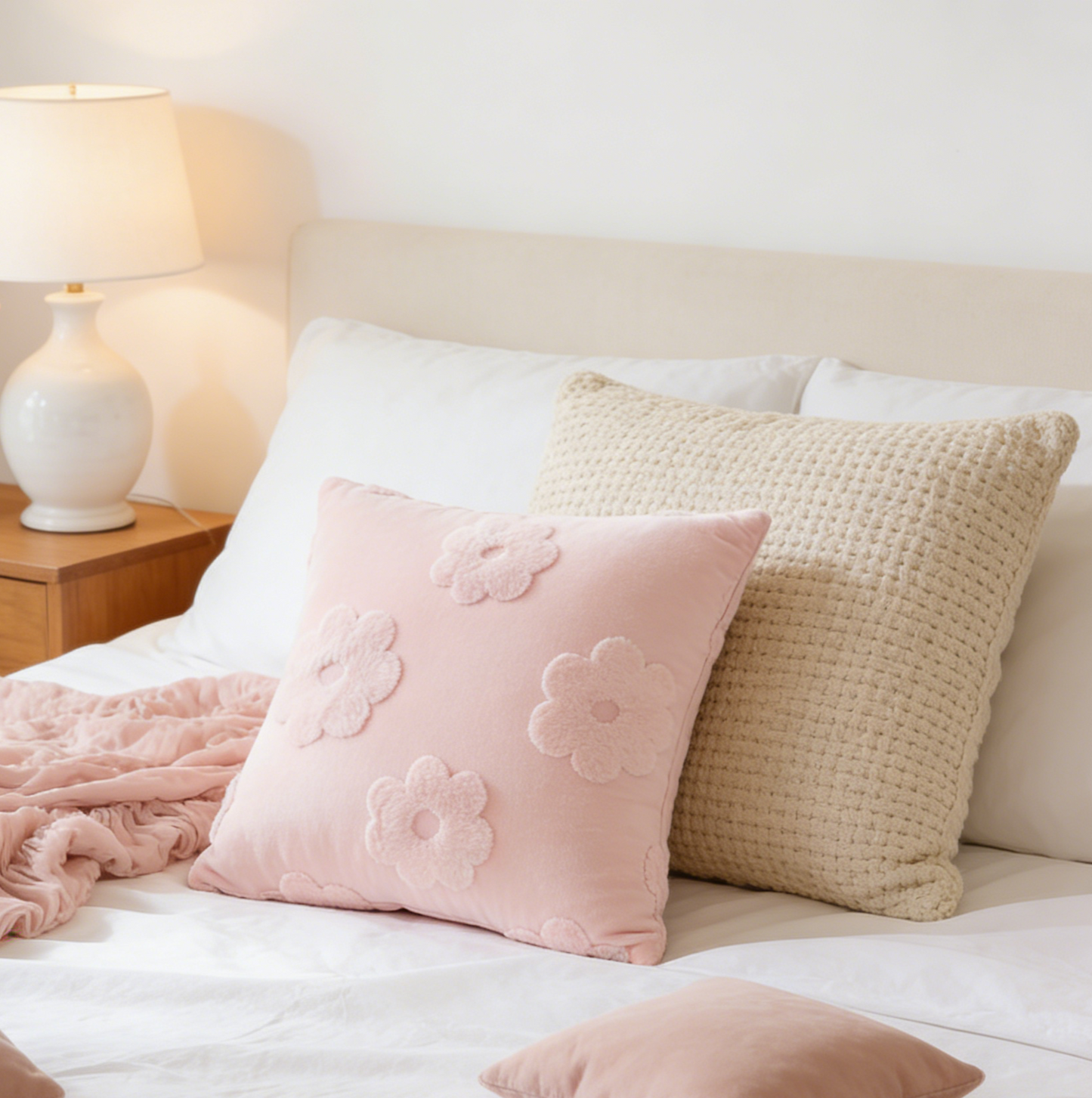 Fluffery Floral Embroidered Throw Pillow, White (18" x 18" / 45 x 45 cm)