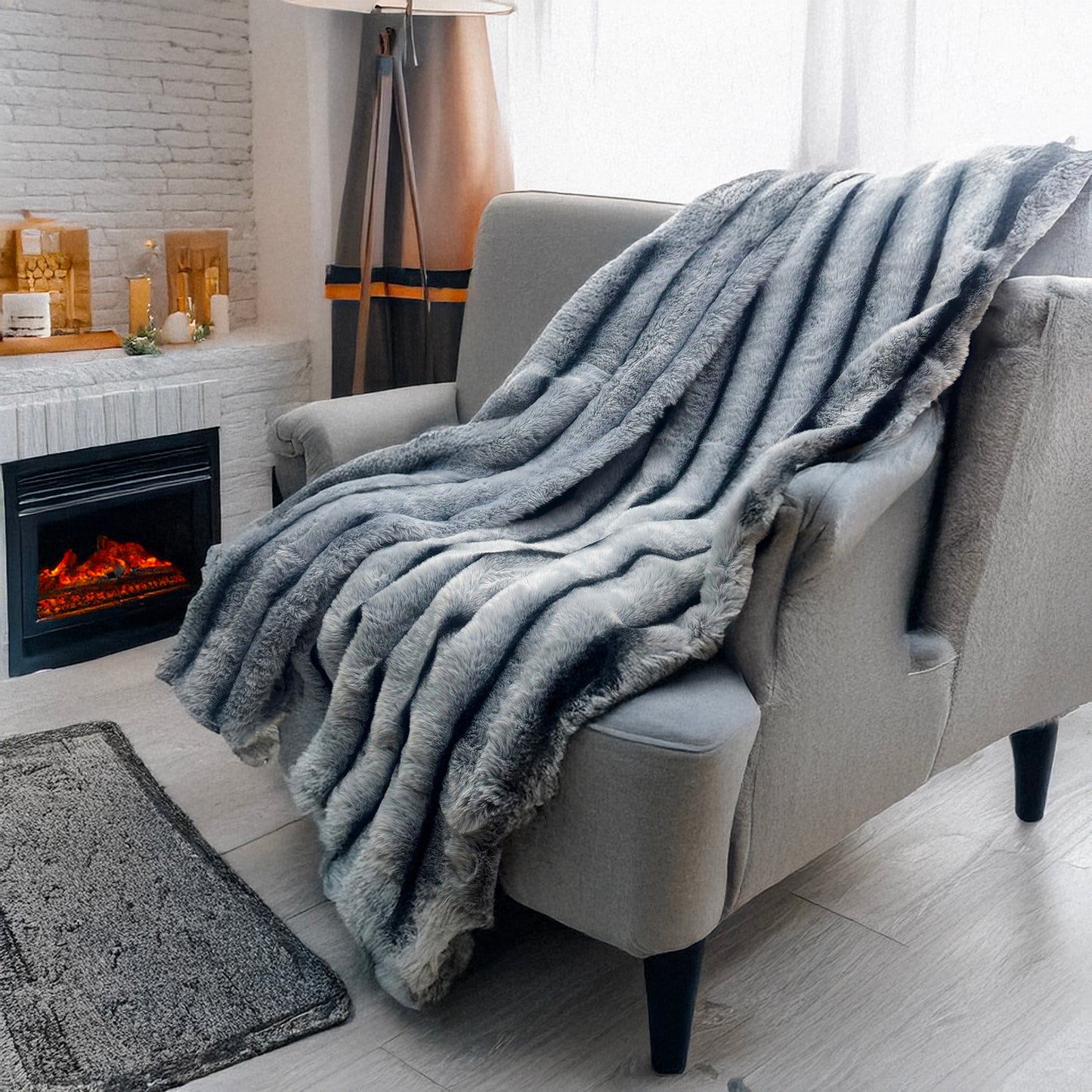 Ultra Soft Faux Rabbit Fur Throw Blanket, Bluish Grey, Queen Size (60" x 80" / 150 x 200 cm)