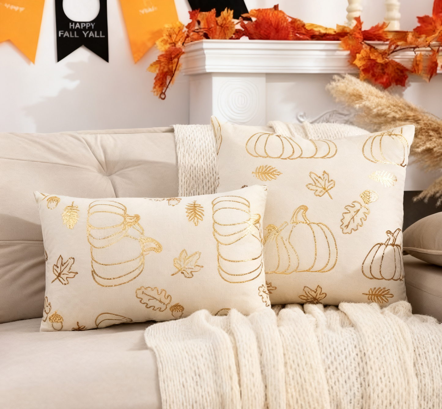 Gilded Pumpkin and Leaf Decor Throw Pillow 18×18