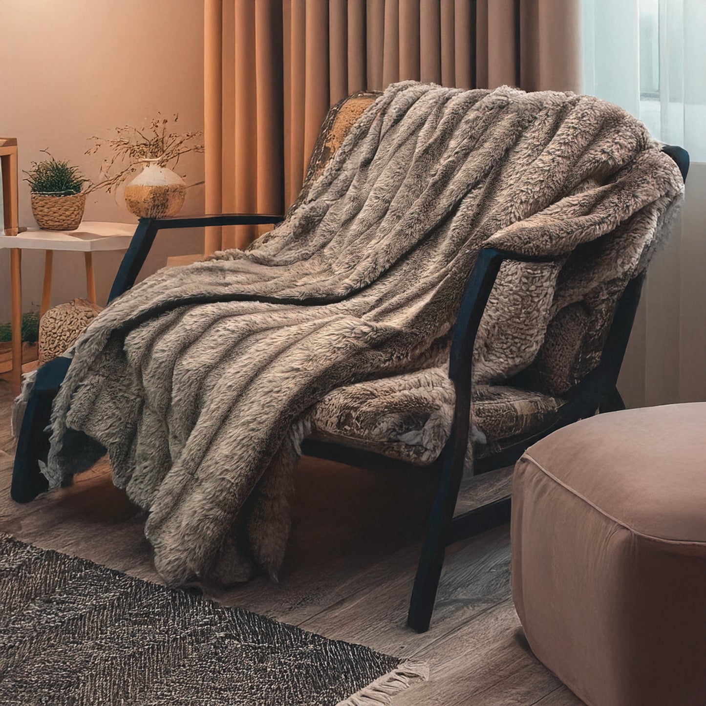 Ultra Soft Faux Rabbit Fur Throw Blanket, Brown, Queen Size (60" x 80" / 150 x 200 cm)