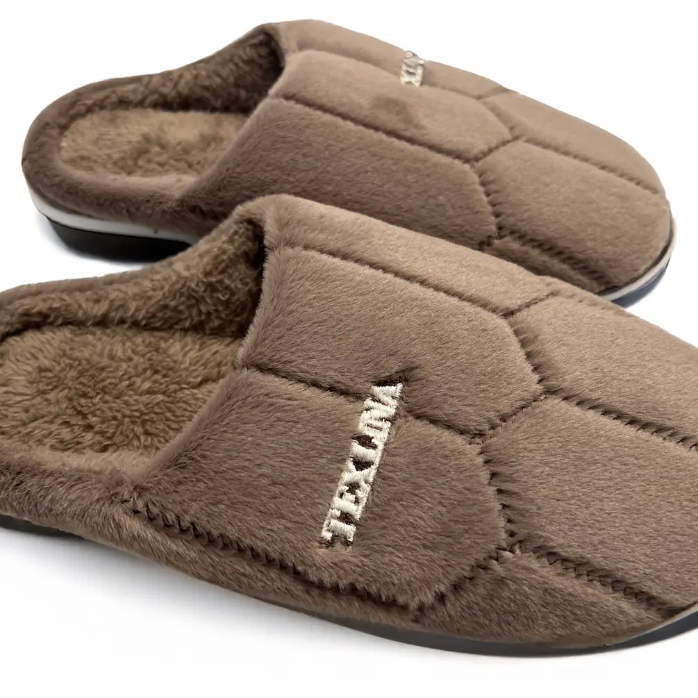 Texlina™ Hex-Quilt Plush House Slippers – Mocha Brown | Ultra-Soft Faux-Fur Lining
