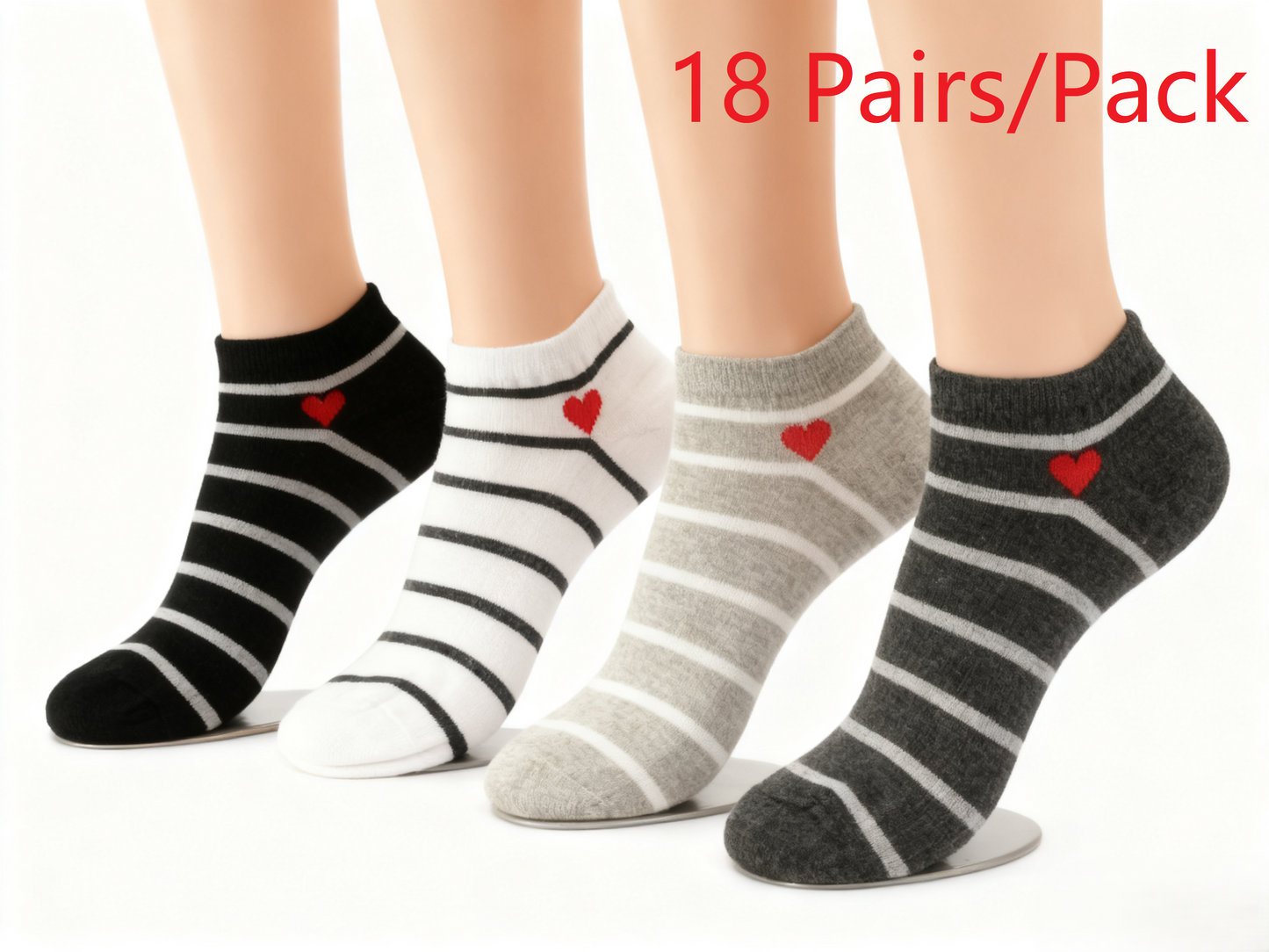 Women's Low-Cut Striped Ankle Socks with Heart Accent