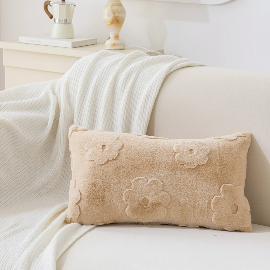 Fluffery Floral Embroidered Throw Pillow, White (12" x 20" / 30 x 50 cm)