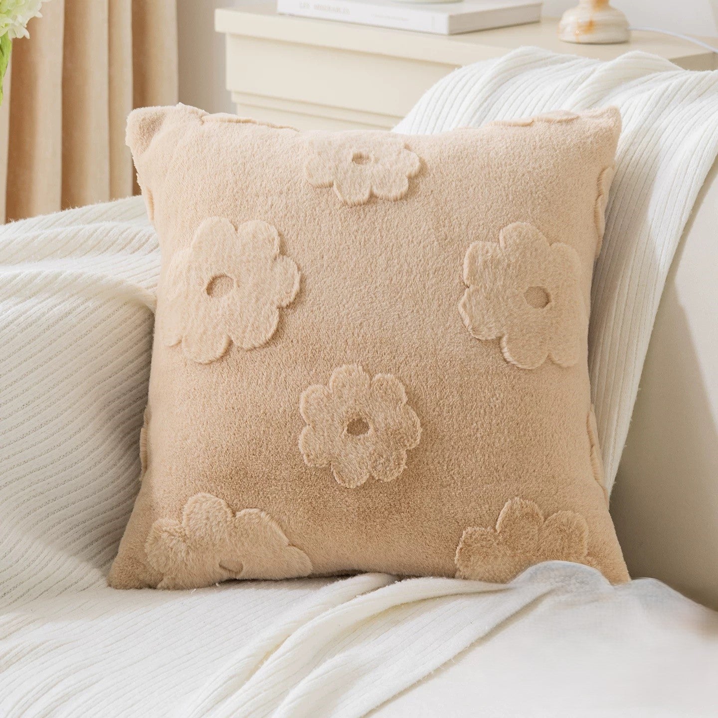 Fluffery Floral Embroidered Throw Pillow, White (18" x 18" / 45 x 45 cm)
