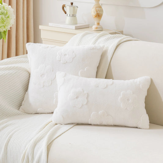 Fluffery Floral Embroidered Throw Pillow, White (12" x 20" / 30 x 50 cm)