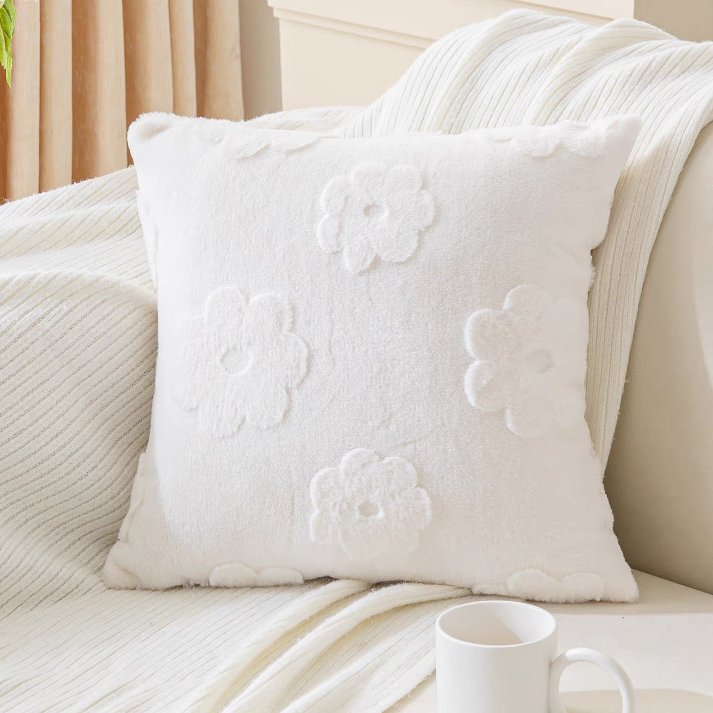 Fluffery Floral Embroidered Throw Pillow, White (18" x 18" / 45 x 45 cm)