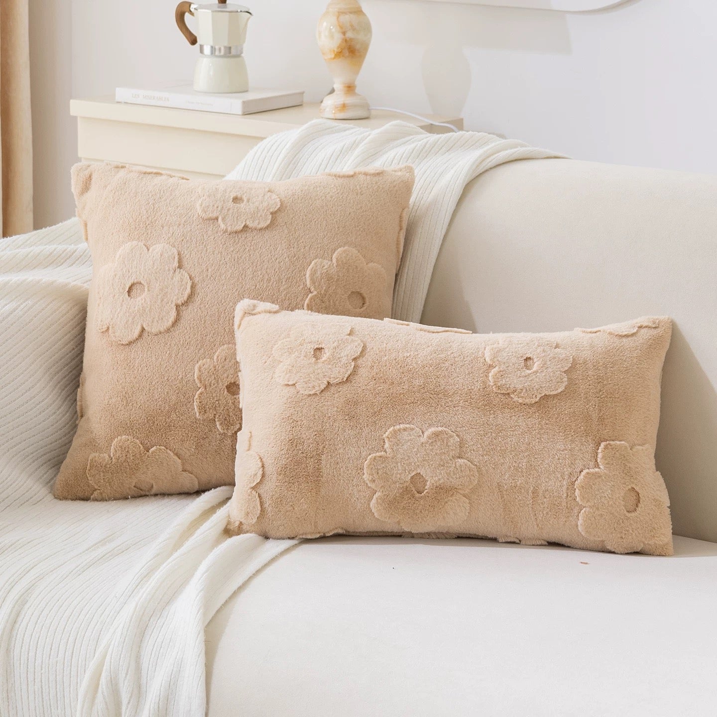 Fluffery Floral Embroidered Throw Pillow, White (12" x 20" / 30 x 50 cm)