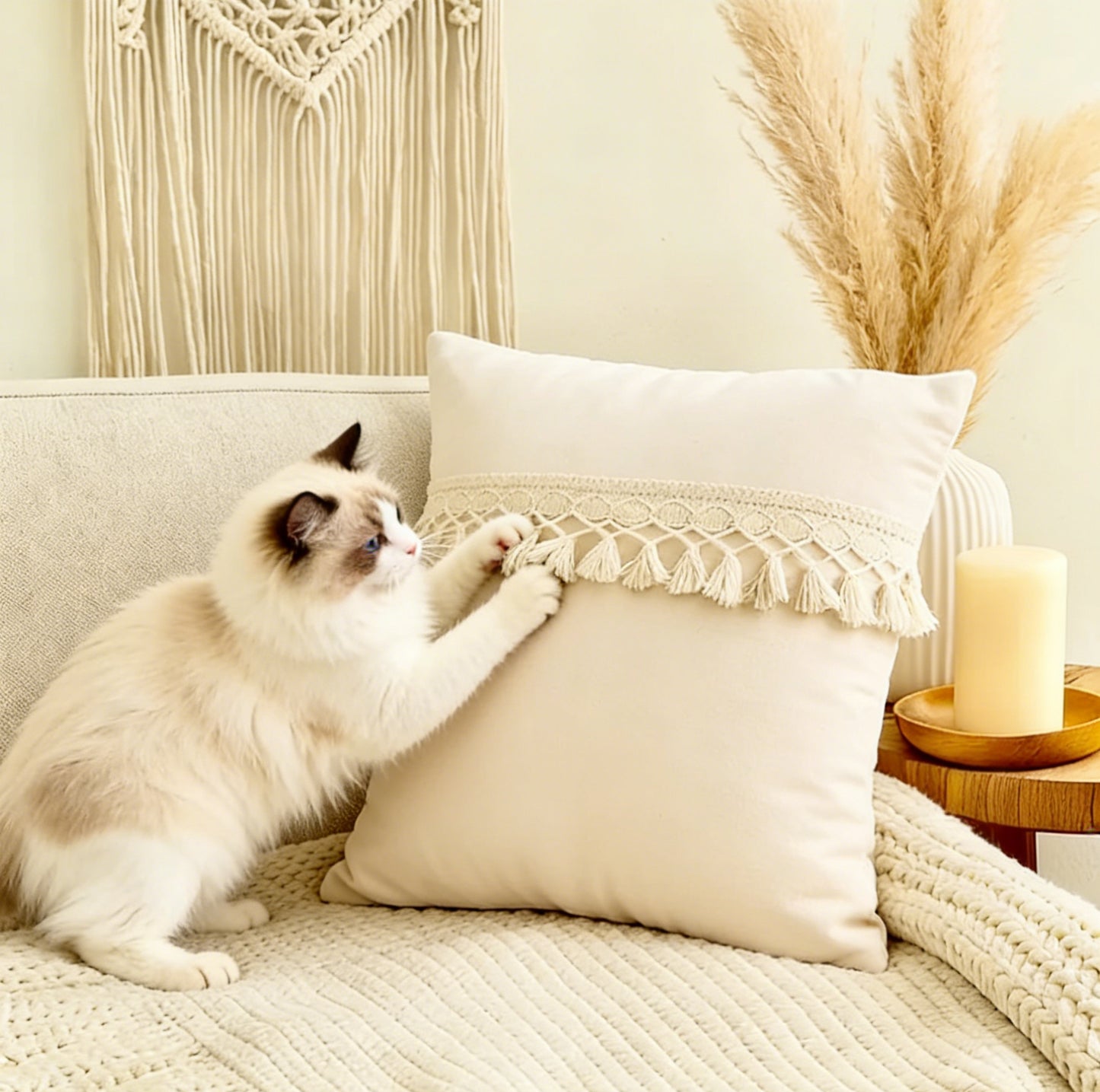 Fluffery Boho Decorative Throw Pillow, Cream (18" x 18" / 45 x 45 cm)