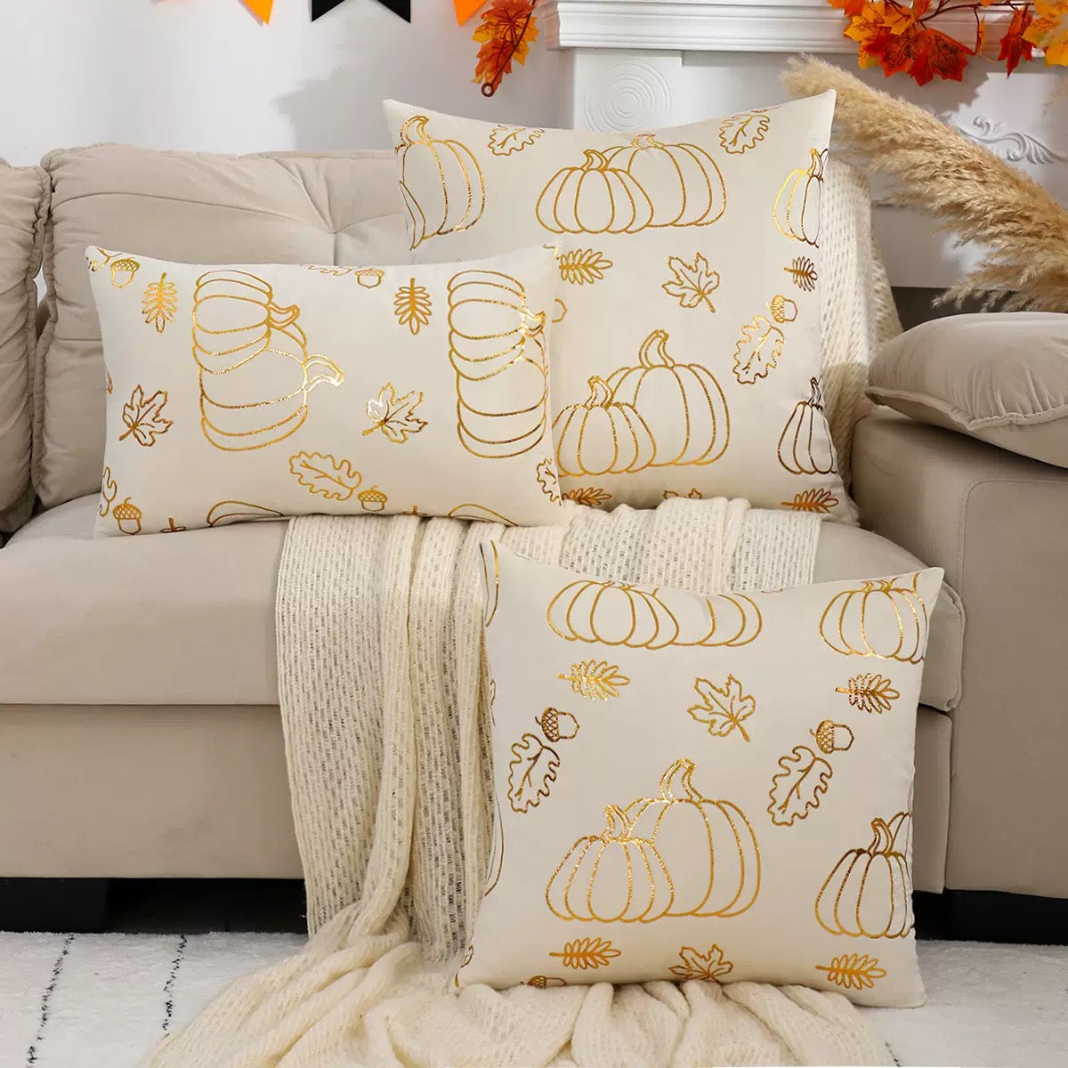 Gilded Pumpkin and Leaf Decor Throw Pillow 18×18