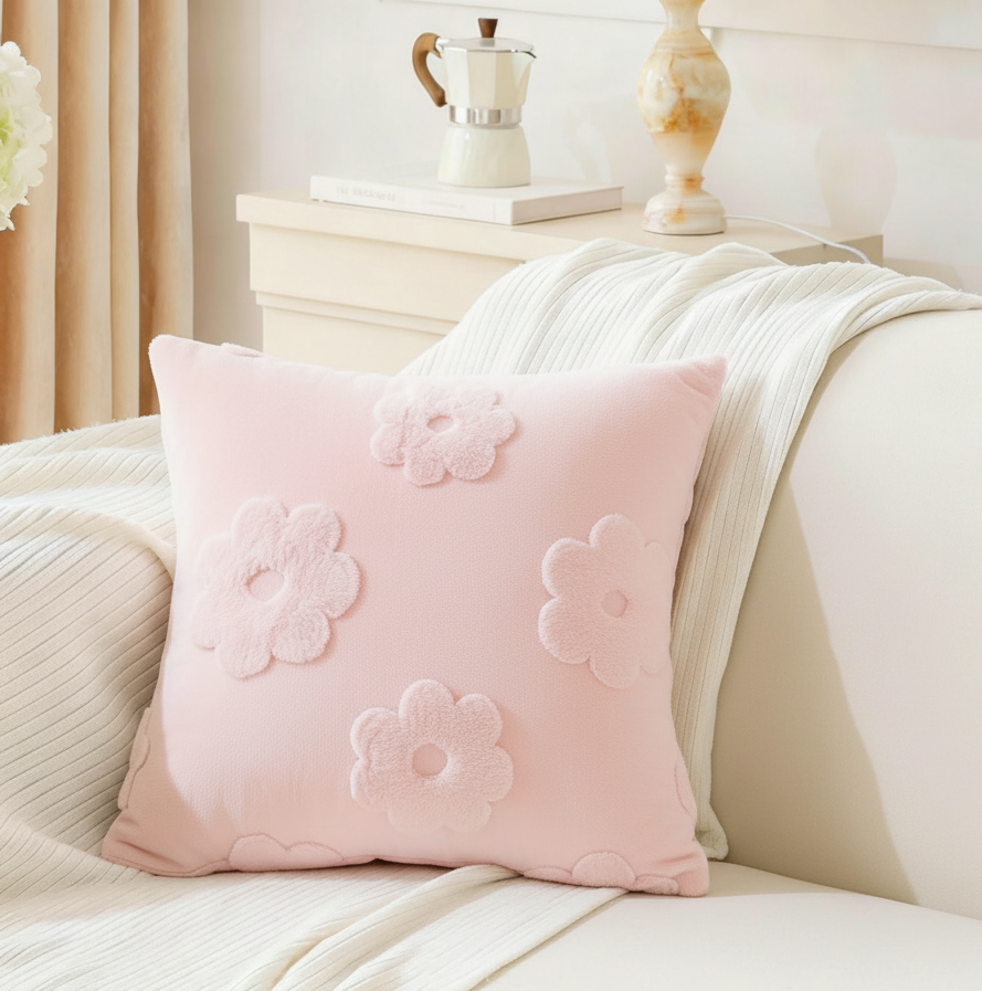 Fluffery Floral Embroidered Throw Pillow, White (18" x 18" / 45 x 45 cm)