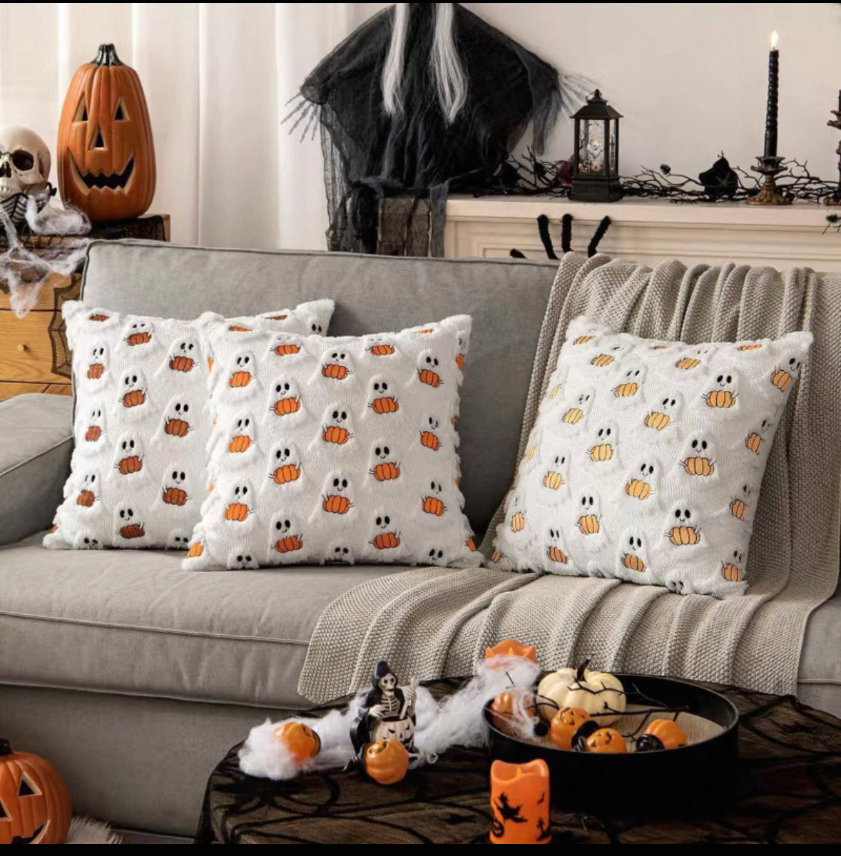 Ghost & Pumpkin Halloween Throw Pillow 18x18 – With Insert