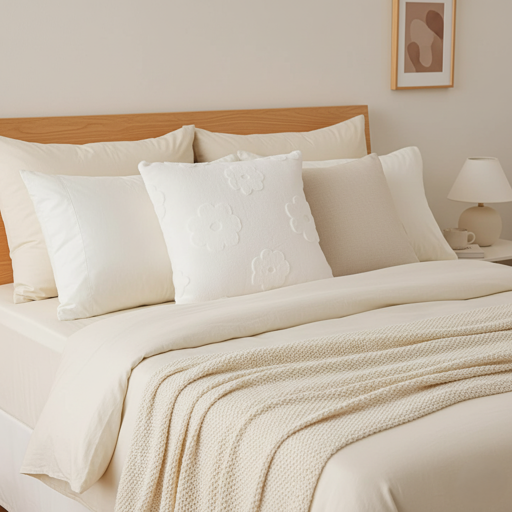 Fluffery Floral Embroidered Throw Pillow, White (18" x 18" / 45 x 45 cm)