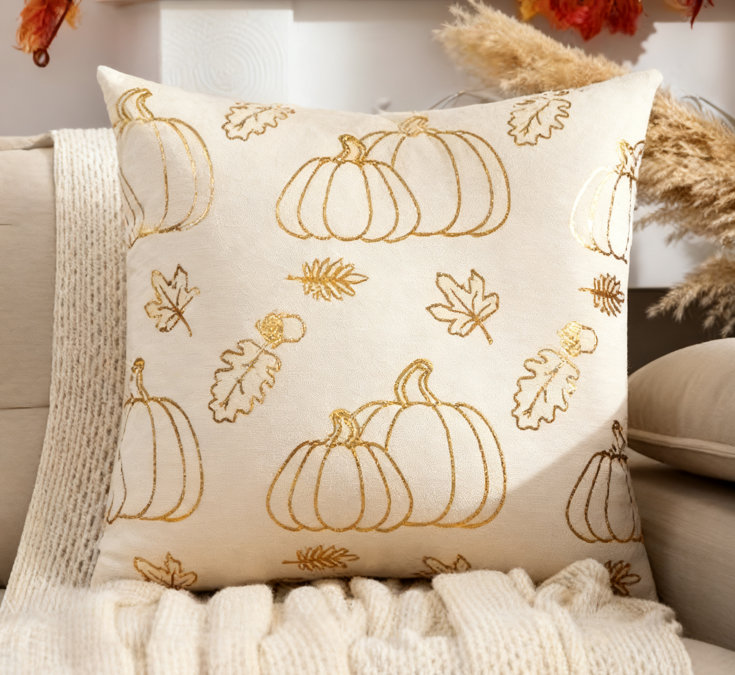 Gilded Pumpkin and Leaf Decor Throw Pillow 18×18