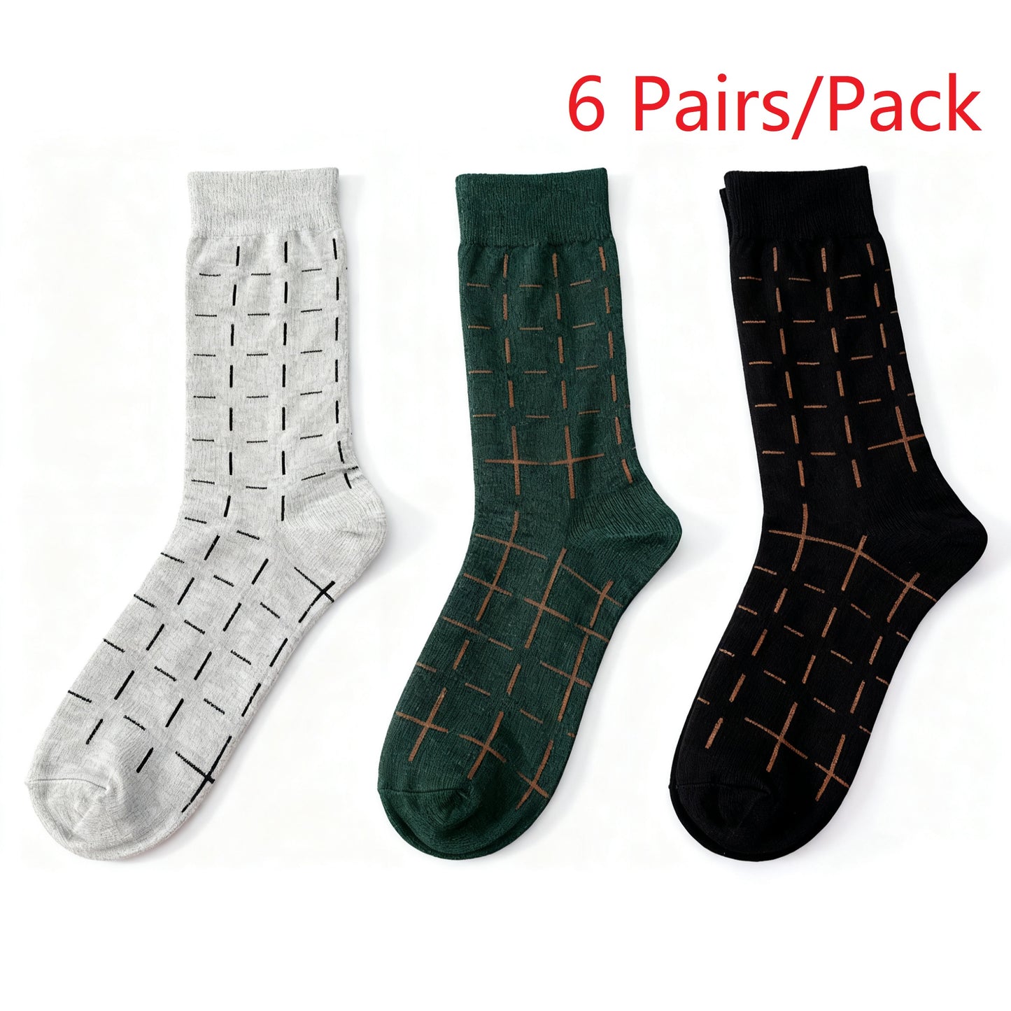 Men's Grid Pattern Crew Socks - Soft Elastic Fit Casual
