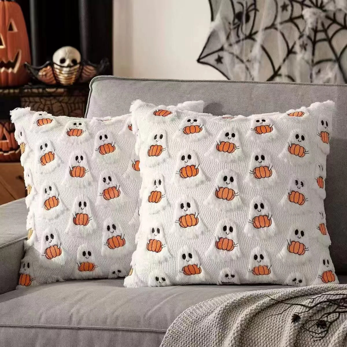 Ghost & Pumpkin Halloween Throw Pillow 18x18 – With Insert