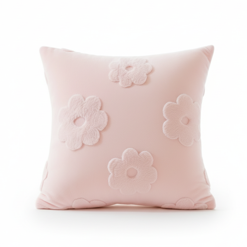 Fluffery Floral Embroidered Throw Pillow, White (18" x 18" / 45 x 45 cm)