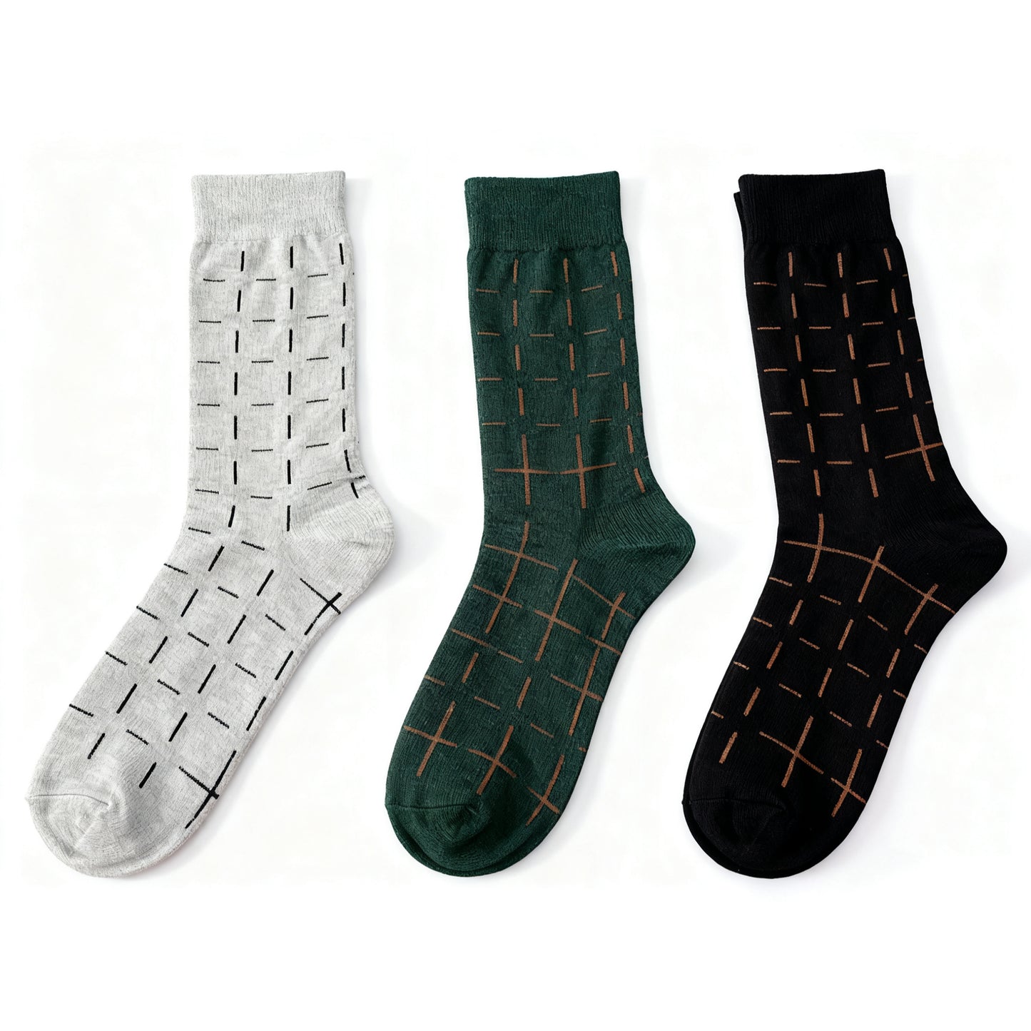 Men's Grid Pattern Crew Socks - Soft Elastic Fit Casual