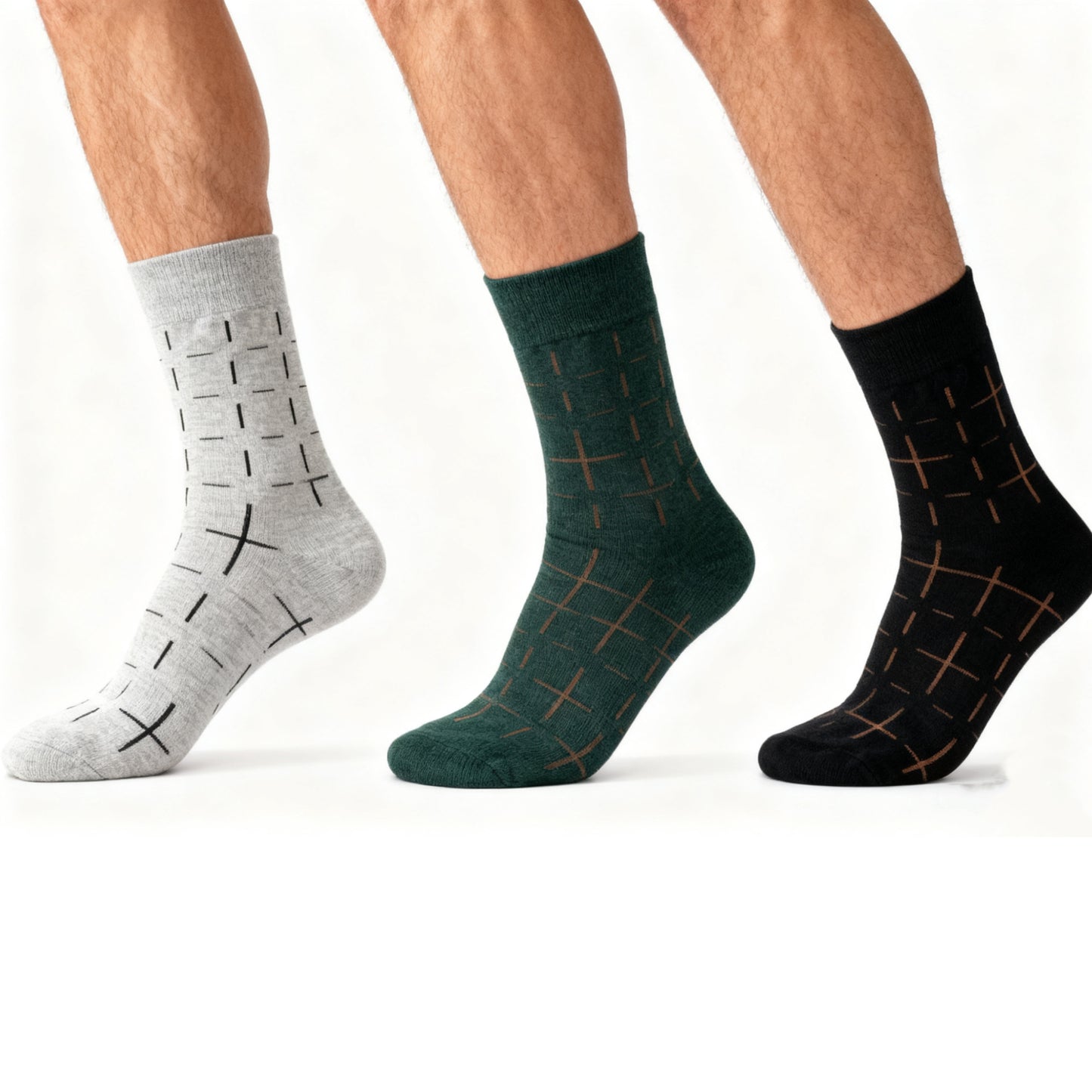 Men's Grid Pattern Crew Socks - Soft Elastic Fit Casual