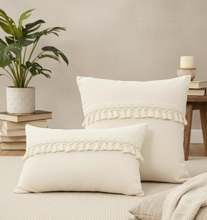 Fluffery Boho Decorative Throw Pillow, Cream (12" x 20" / 30 x 50 cm)