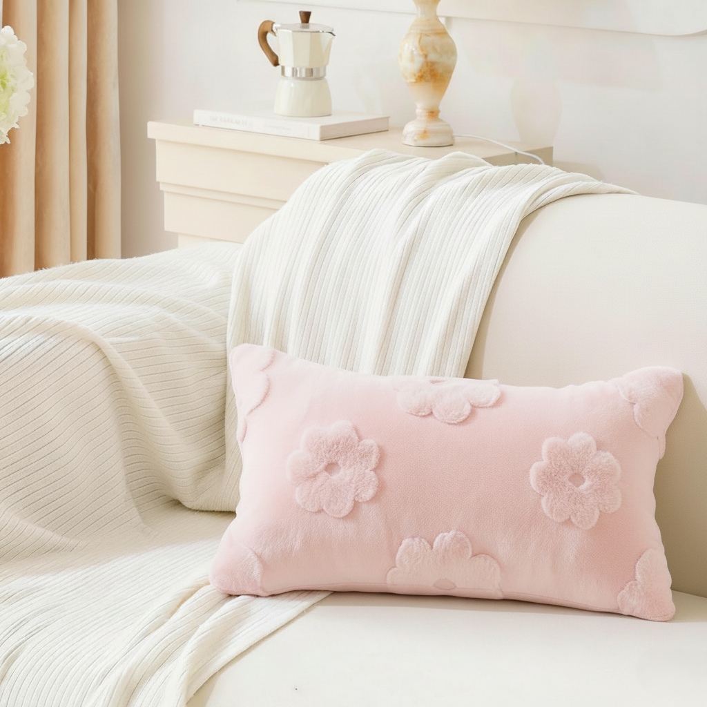 Fluffery Floral Embroidered Throw Pillow, White (12" x 20" / 30 x 50 cm)