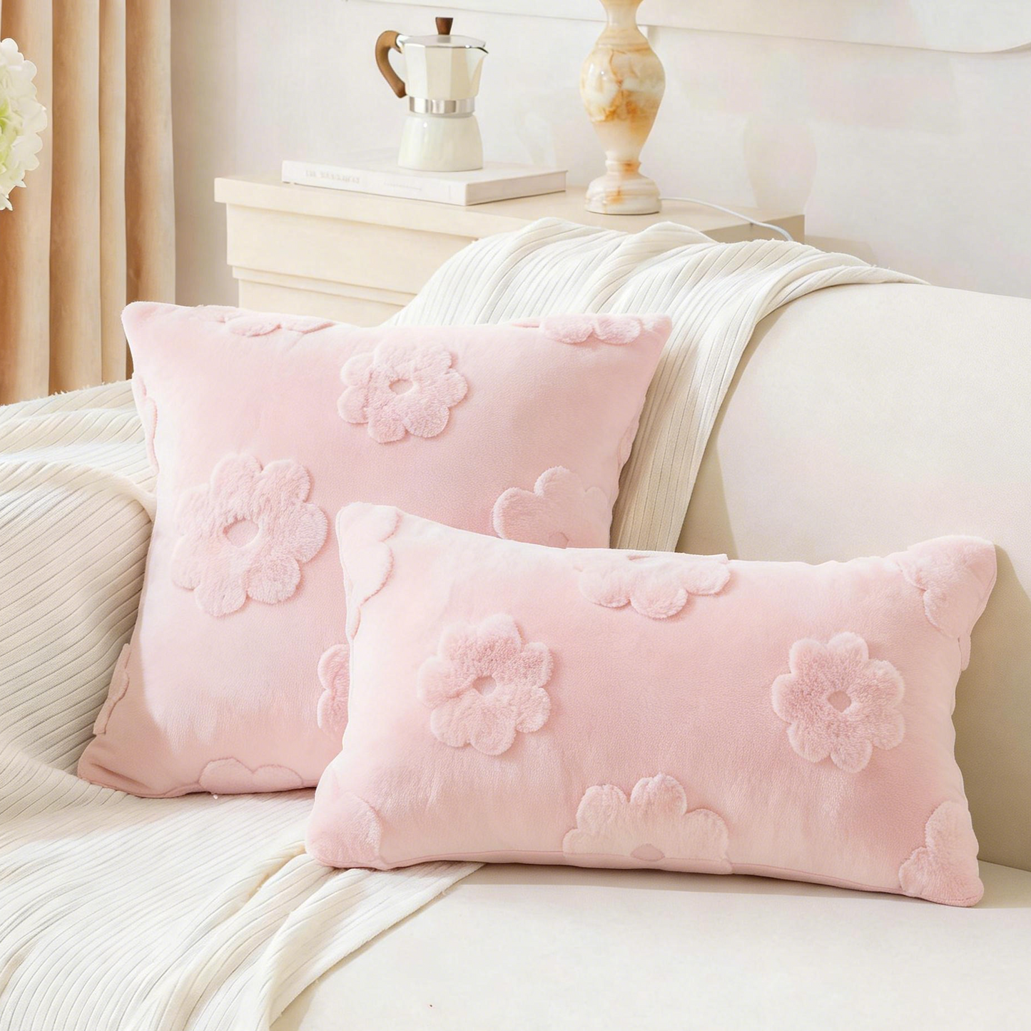 Fluffery Floral Embroidered Throw Pillow, White (12" x 20" / 30 x 50 cm)