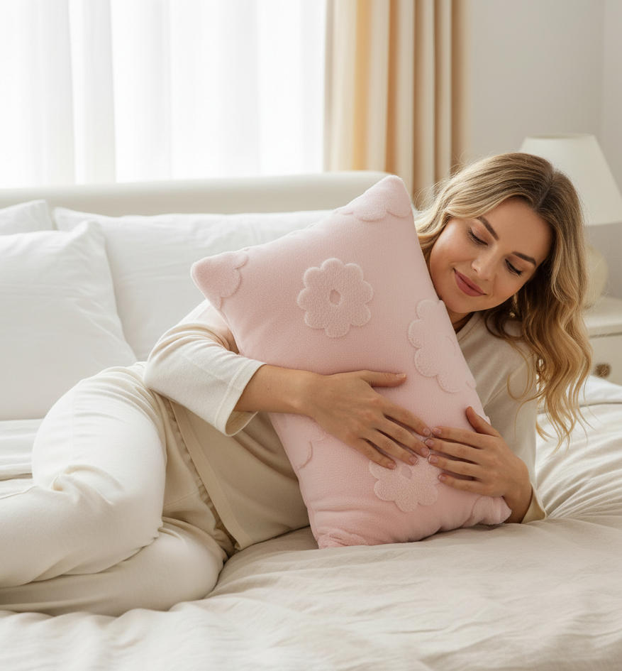 Fluffery Floral Embroidered Throw Pillow, White (12" x 20" / 30 x 50 cm)